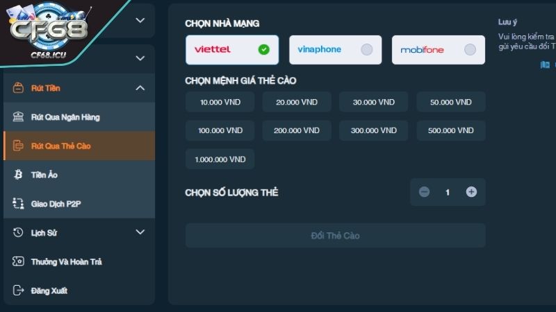 Truy cập tính năng rút tiền CF68